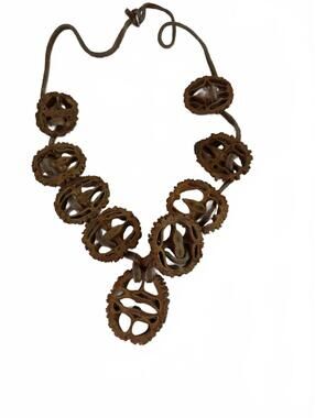 Vintage Handmade Wooden Necklace with Carved Discs